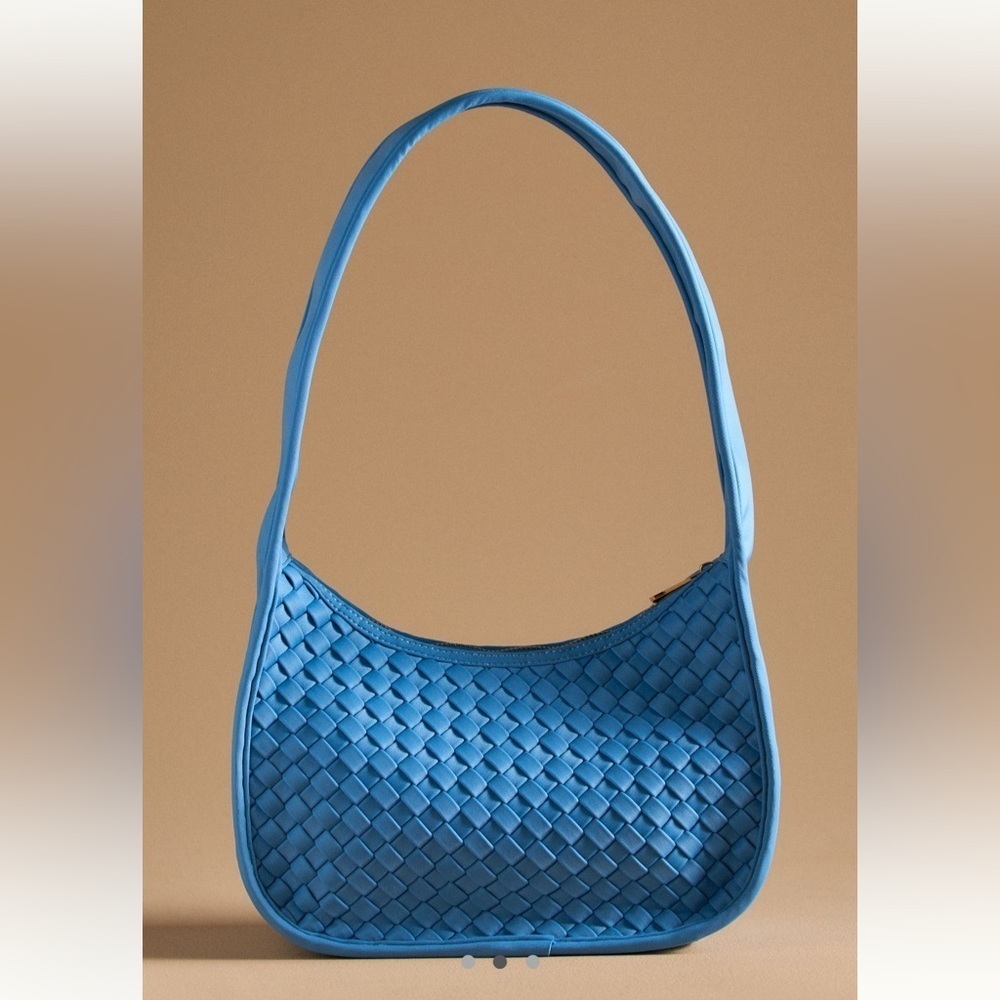 NWT new Anthropologie woven neoprene shoulder bag zip blue nylon purse - Picture 8 of 17